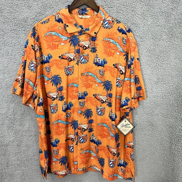 Paradise Collection Hawaiian Shirt Men XXL Orange‎ Silk Car Print Cuba Island - Picture 1 of 8